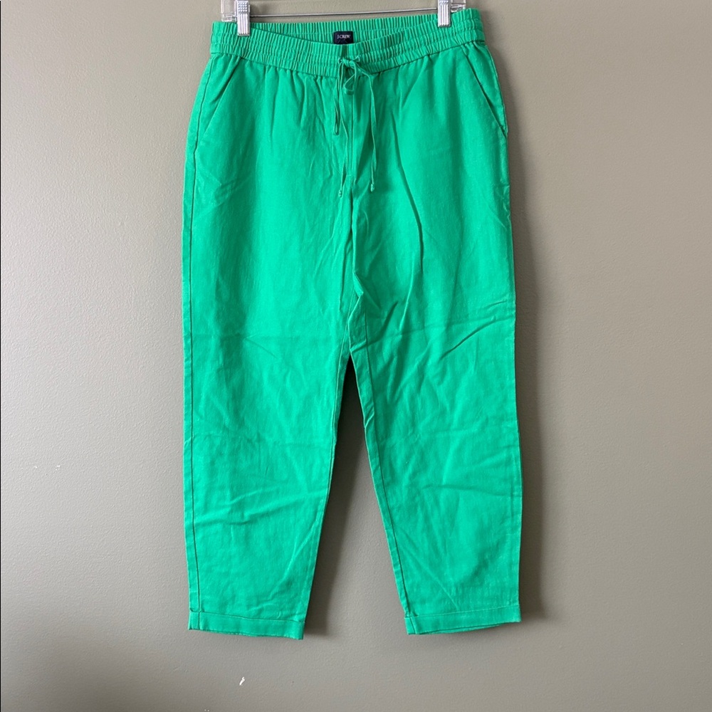 J.Crew Linen Cotton Blend Drawstring Pants Green Straight Leg Cuffed Hem Sz 10 - Picture 3 of 7